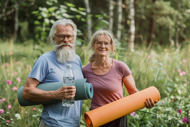 Foto las parejas atléticas de edad avanzada van a hacer ejercicio al aire libre con esteras de ejercicio y agua cuidado de la salud y rehabilitación aficiones de jubilación