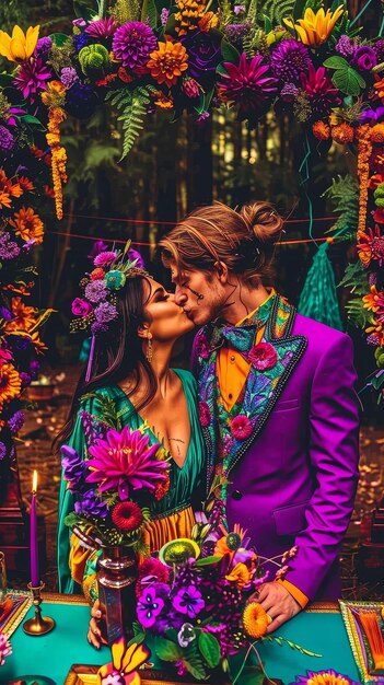 Foto las parejas se besan bajo arcos improvisados de romance de trébol entrelazado en las festividades 11