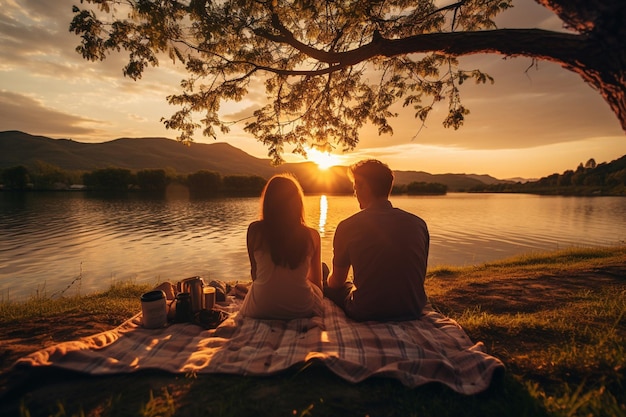 Foto parejas disfrutando de un picnic a la orilla del lago al atardecer