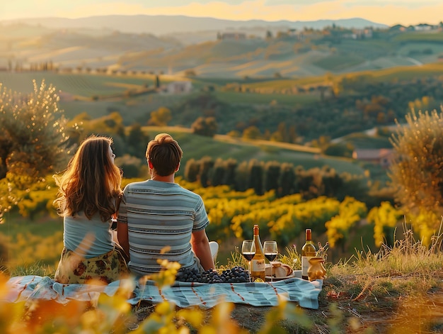 Parejas disfrutando de un picnic romántico en los viñedos de Tusca Vecino de vacaciones Fondo creativo