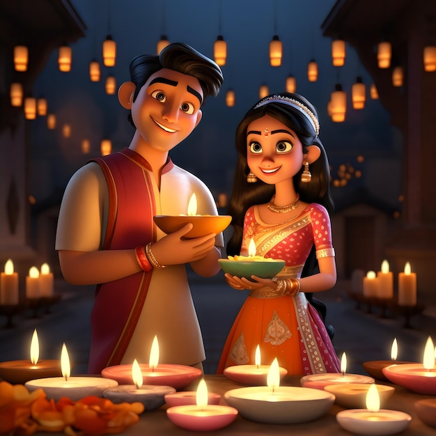 Parejas indias en 3d con estilo de diseño diya diwali y karwa chauth