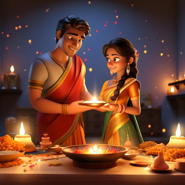 Foto parejas indias en 3d con estilo de diseño diya diwali y karwa chauth