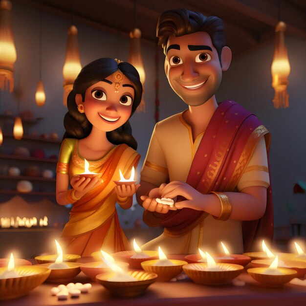 Parejas indias en 3D con estilo de diseño de diya diwali y karwa chauth