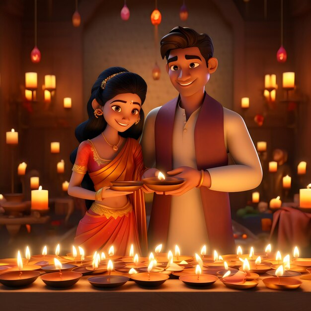 Parejas indias en 3D con estilo de diseño de diya diwali y karwa chauth