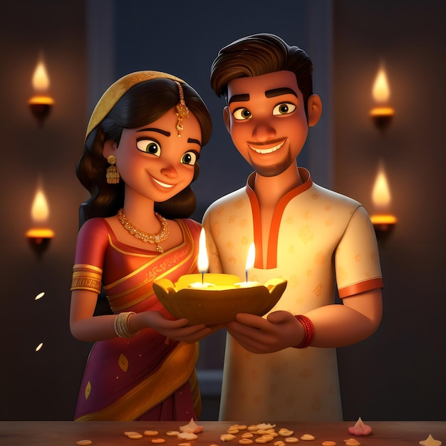 Parejas indias en 3D con estilo de diseño de diya diwali y karwa chauth