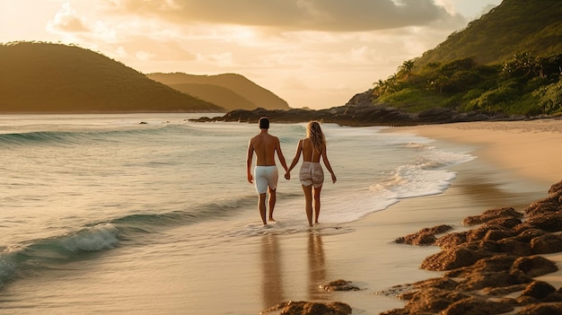 Las parejas pasean por la playa sus siluetas iluminadas por la puesta del sol la arena suave entre sus dedos de los pies y la canción de cuna rítmica de las olas que se estrellan generadas por la IA