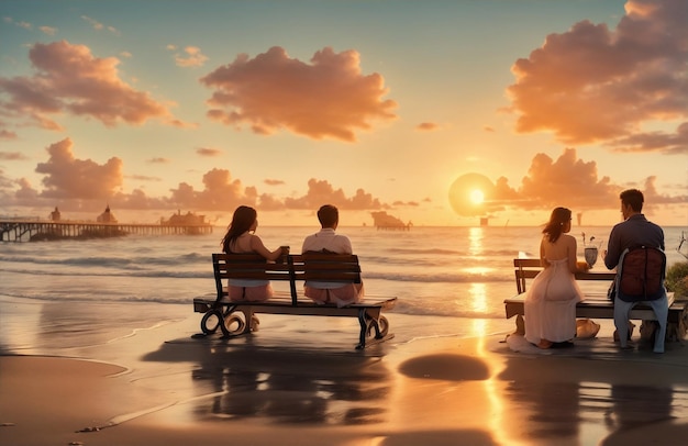 Parejas sentadas en la playa al atardecer