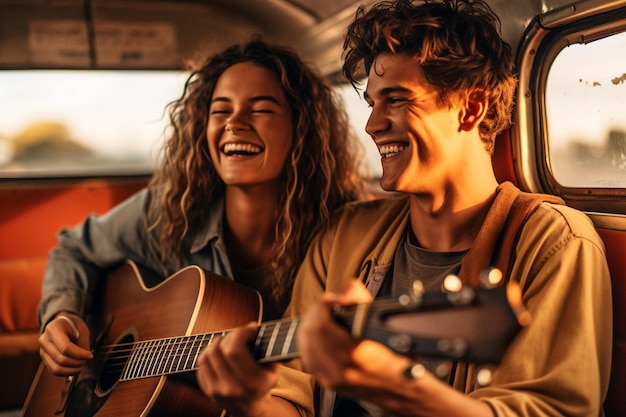 Parejas sonriendo con guitarra en su furgoneta con IA generativa