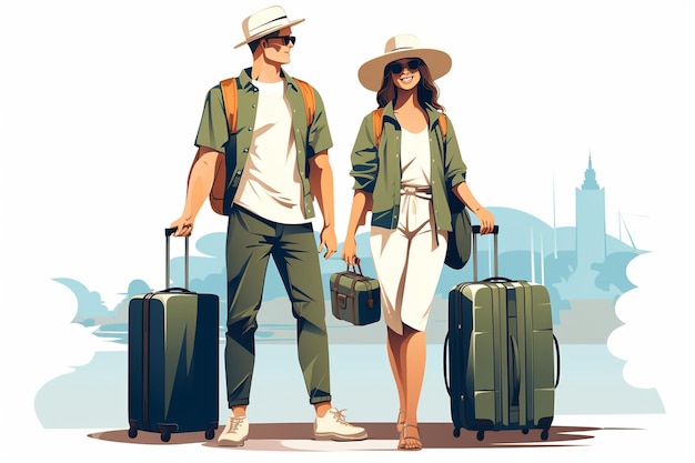 Parejas de turistas vectoriales con ilustración de bolsas de viaje