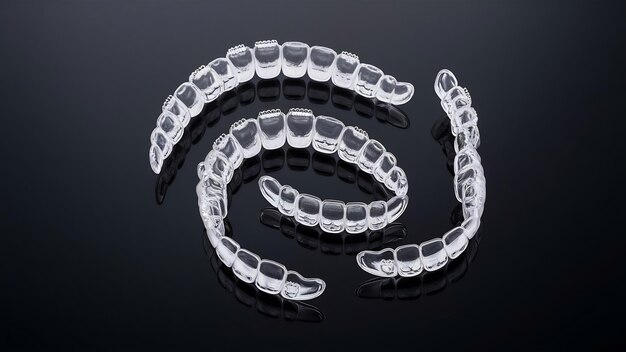 Parentescos transparentes de retención invisalign en fondo negro con espacio para copiar