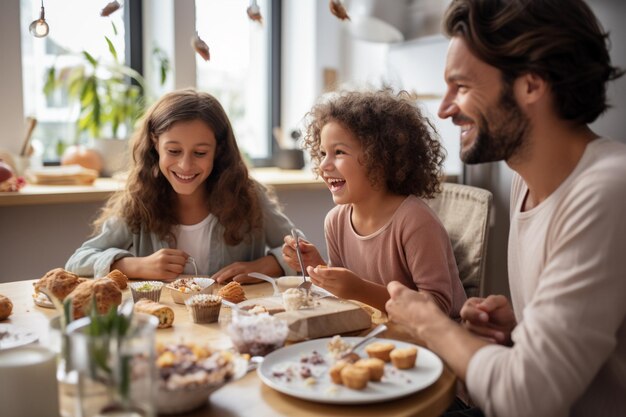 Foto parents with their children eating breakfast