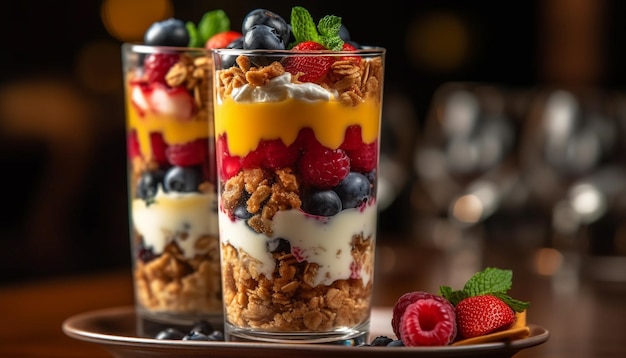 Parfait de bayas orgánicas con granola y yogur generado por IA