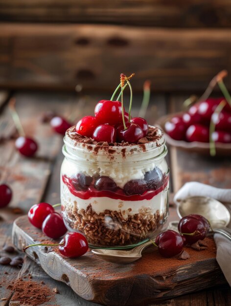 Parfait de cereza saludable con frutas en el frasco foto realista