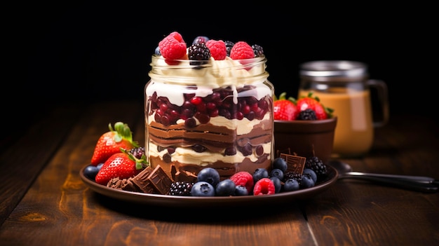 Parfait de chocolate gourmet com iogurte de frutas frescas