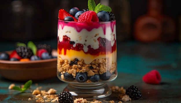 Parfait de frutas frescas com granola e iogurte gerado por IA