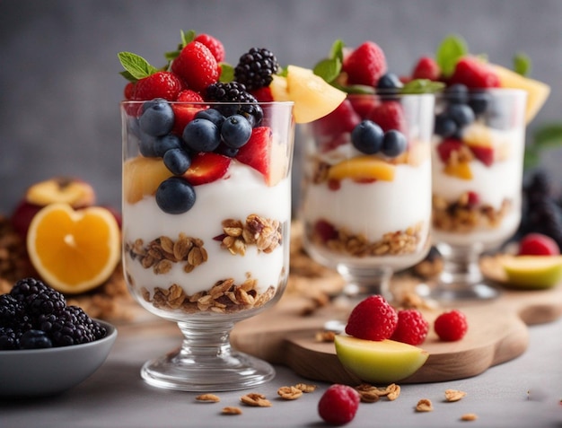 Foto parfait de frutas frescas com granola e iogurte