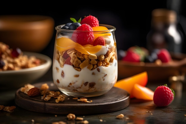 Parfait de granola de iogurte fresco com nozes fatiadas framboesa fresca mirtilo e manga frutas em uma jarra de vidro em fundo escuro Generative AI