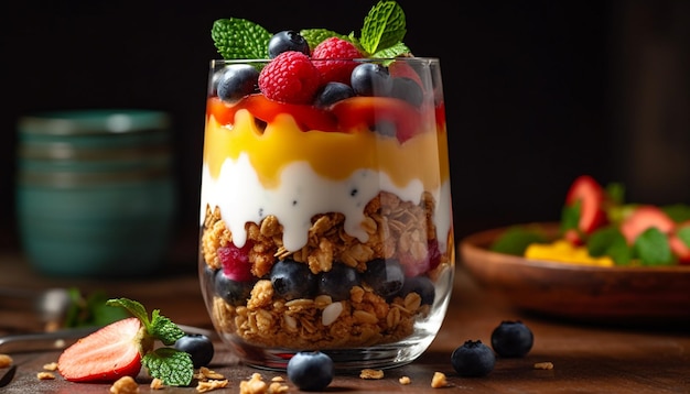 Parfait gourmet de frutas silvestres com mirtilos frescos e granola gerado por IA