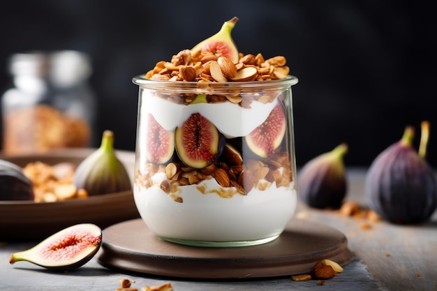 Parfait Gourmet de Yogurt de Higos con Rodajas de Nueces y Frutas Frescas Generative Ai