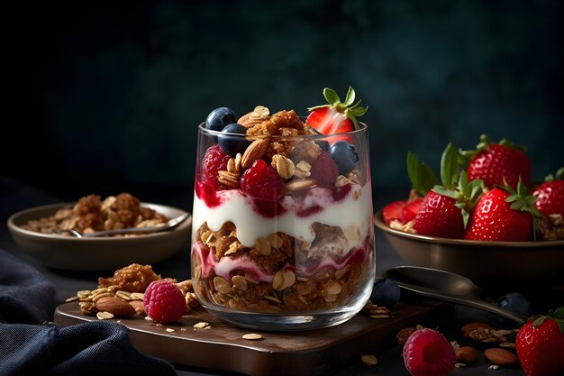 Parfait de granola de yogur con nueces en rodajas fresa fresca frambuesa y arándano en un frasco de vidrio sobre fondo oscuro AI generativa