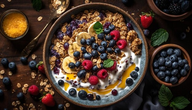 Parfait de yogur de bayas frescas con granola crujiente generado por IA