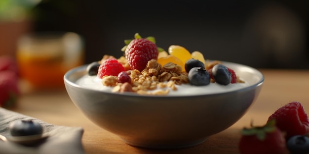 Parfait de yogur de bayas con granola crujiente y bayas frescas