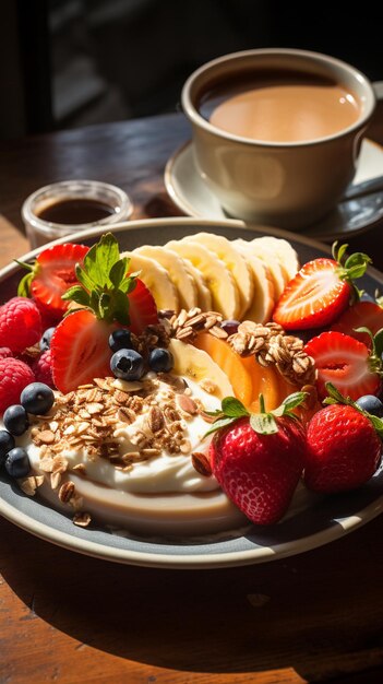 Foto un parfait de yogur en un vaso adornado con frutas frescas y almendras iluminado por la luz solar generar ia