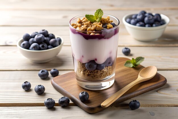 Parfeito de iogurte de mirtilo em um copo de vidro com bagas de granola na mesa e colher