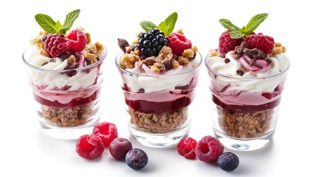 Parfeitos de bagas em camadas com iogurte de granola e hortelã fresca sobre um fundo branco