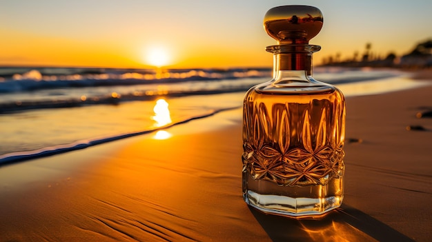 Parfümflasche am Strand vor dem Hintergrund eines wunderschönen Sonnenuntergangs