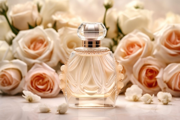 Parfümflasche auf einem Hintergrund von weißen Rosen ai generative