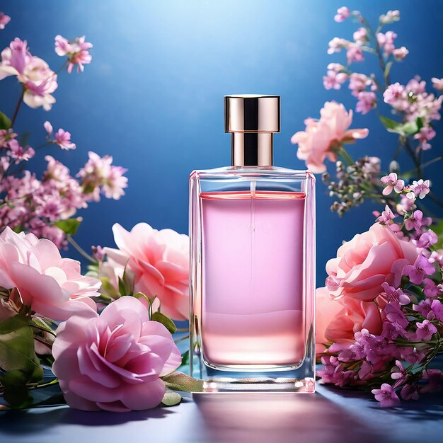 Parfümflasche auf Glasgrund mit frischer Blumendekoration