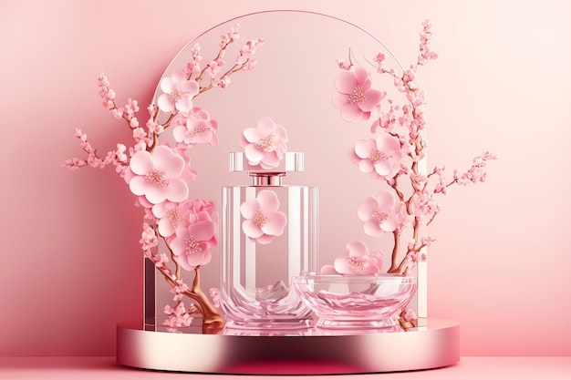 Parfümflasche auf Glaspodest zur Produktpräsentation, rosa Hintergrund mit Kirschblüten, generative KI-Illustration