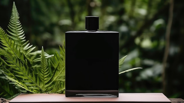 Parfümflasche auf Holztisch mit Pflanzenhintergrund für Mockup-Design