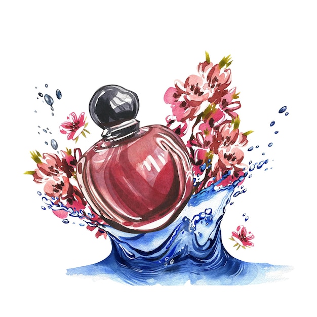 Parfümflasche aus rotem Glas mit wasserspritzenden Blumen isoliert auf weißem Aquarell handgezeichnete Illustration Kunstdesign