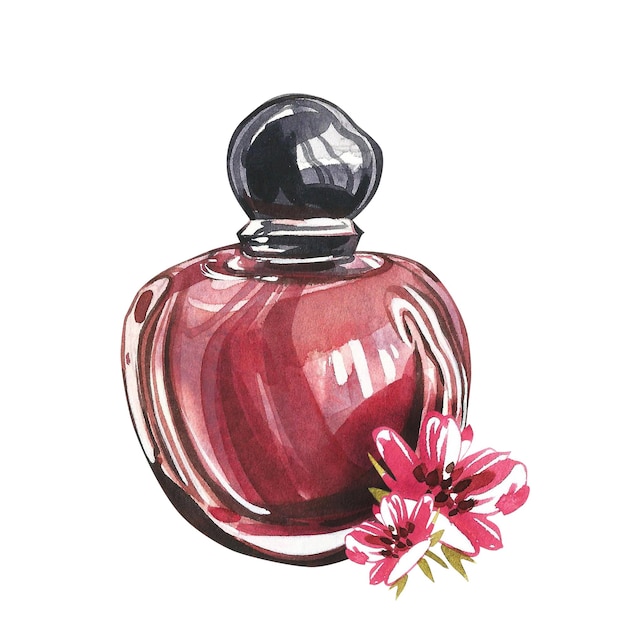 Parfümflasche aus rotem Glas mit wunderschönen rosa Blüten, isoliert auf weißem Aquarell, handgezeichnete Illustrationen
