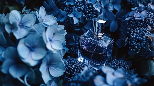 Foto parfümflasche in blumen duft auf blühendem hintergrund blumenduft und kosmetisches produkt
