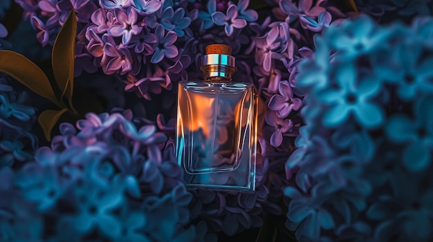 Parfümflasche in Blumen Duft auf blühendem Hintergrund Blumenduft und kosmetisches Produkt