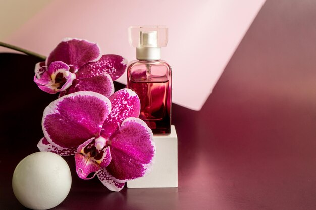 Parfümflasche mit Orchideenblüten. Parfümerie Kosmetik Toilettenwasser Duftkollektion. Foto in hoher Qualität