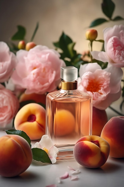 Parfümflasche mit rosa Blüten und Pfirsichen