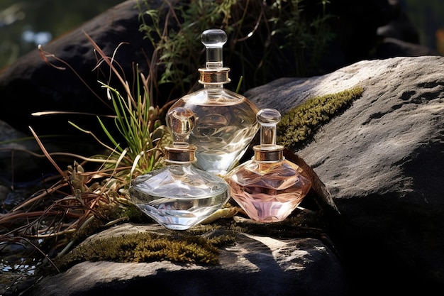 Parfümflasche oder Whiskeyflasche im eleganten Stil auf dem Hintergrund von Felsen