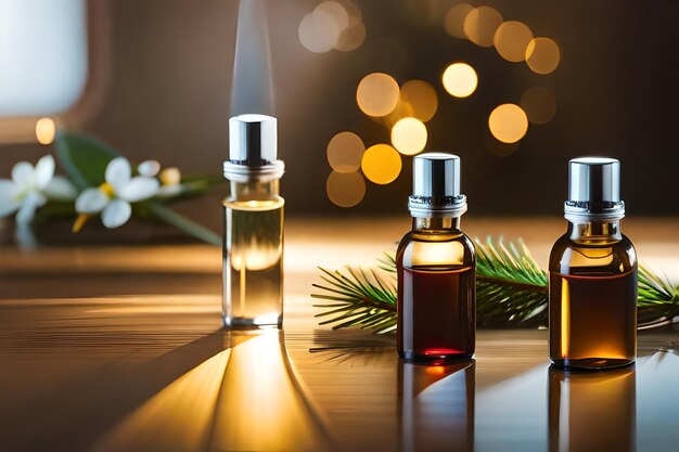 Parfümflaschen mit einem Weihnachtsbaum im Hintergrund