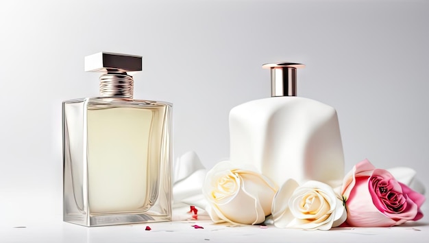 Parfümflaschen mit Rosenblüten und Blütenblättern auf hellem Hintergrund, generative KI