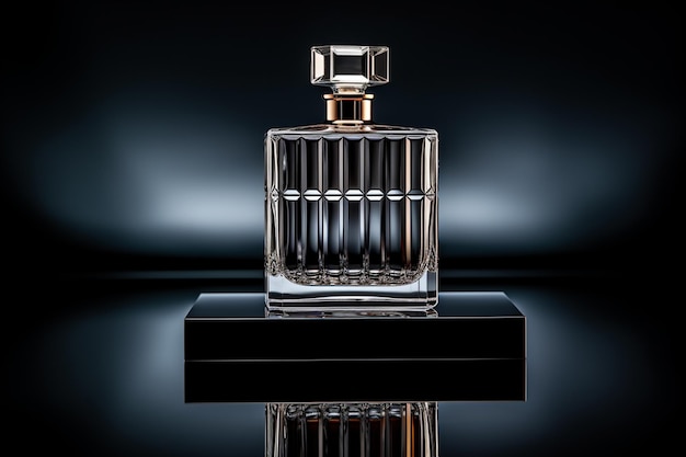 Parfümflaschenmodell für Parfümprodukt auf dem Tisch, dunkler und luxuriöser Hintergrund