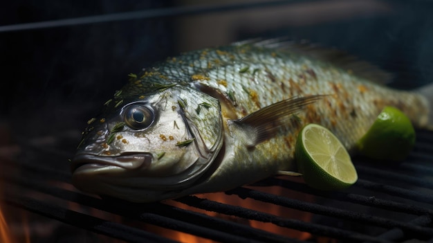 Pargo de peixe Dorada grelhado com a adição de especiarias ervas e limão na vista superior da placa de grelha