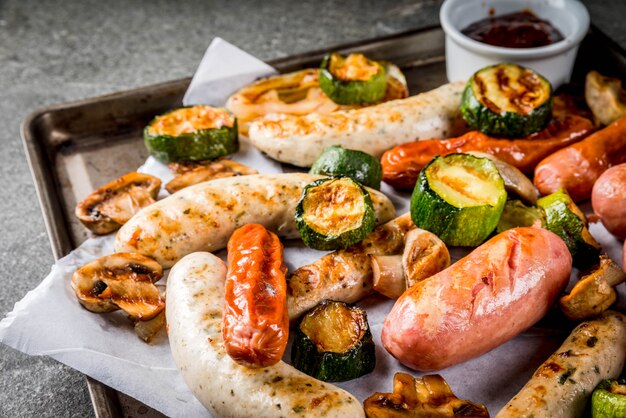 Parilla. Surtido de varias salchichas de carne a la parrilla, con verduras BBQ - champiñones, tomates, calabacines, cebollas. Sobre una mesa de piedra negra, sobre una bandeja para hornear, con salsa. Copia espacio