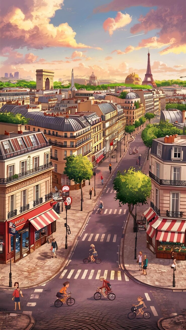Foto paris, frança, desenho de desenho animado uma vista incrível da área comercial de paris durante um deslumbrante pôr do sol