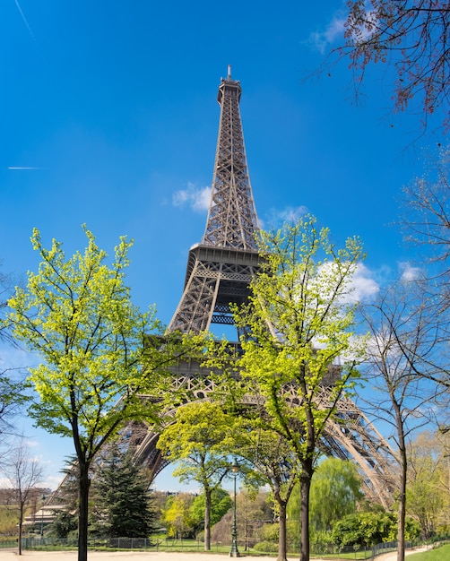 Paris, Panorama des Eiffelturms an einem hellen Tag im Frühjahr