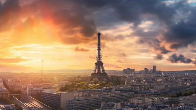 Pariser Skyline mit dem Eiffelturm und La Défense bei Sonnenuntergang