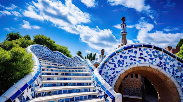 Park Güell in Barcelona, Spanien Ein atemberaubender Tag in Katalonien mit sommerblauem Himmel und Gaudís